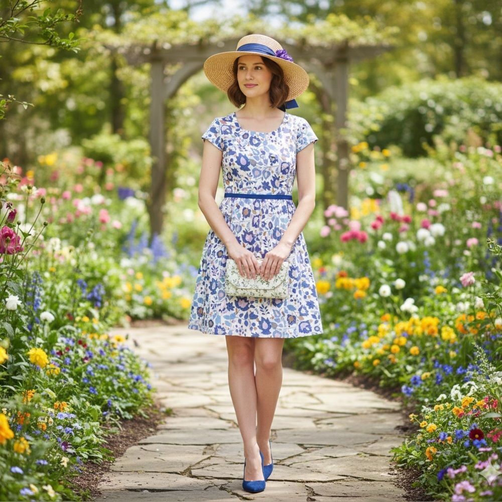 Boden Blue & Purple Linen Floral Print Cotton Dress - Size 10